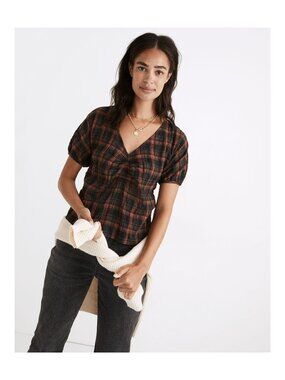 Madewell Gathered V-Neck Plaid Blouse Women's XX-Small Casual Top NEW